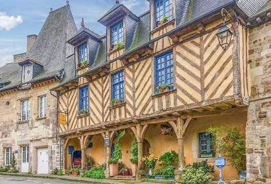 bretagne - Entre Rennes et Saint-Malo, sur la place centrale d'une cité de caractère,  une hostellerie du 17e s. à pans de bois et son jardin clos